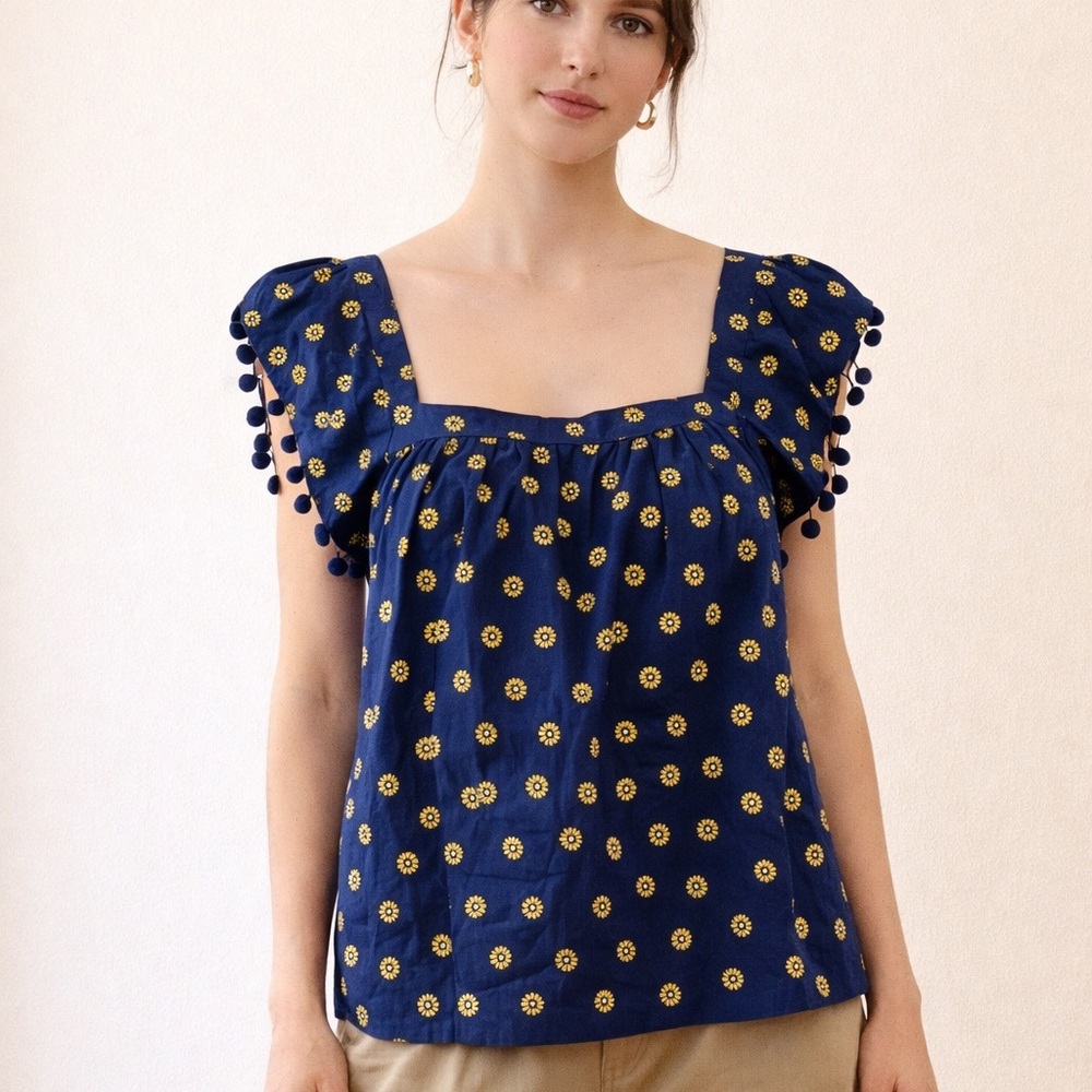 J. Crew Daisy Print Cotton Blouse Blue Pom Pom Sleeve Square Neck Top Sz S